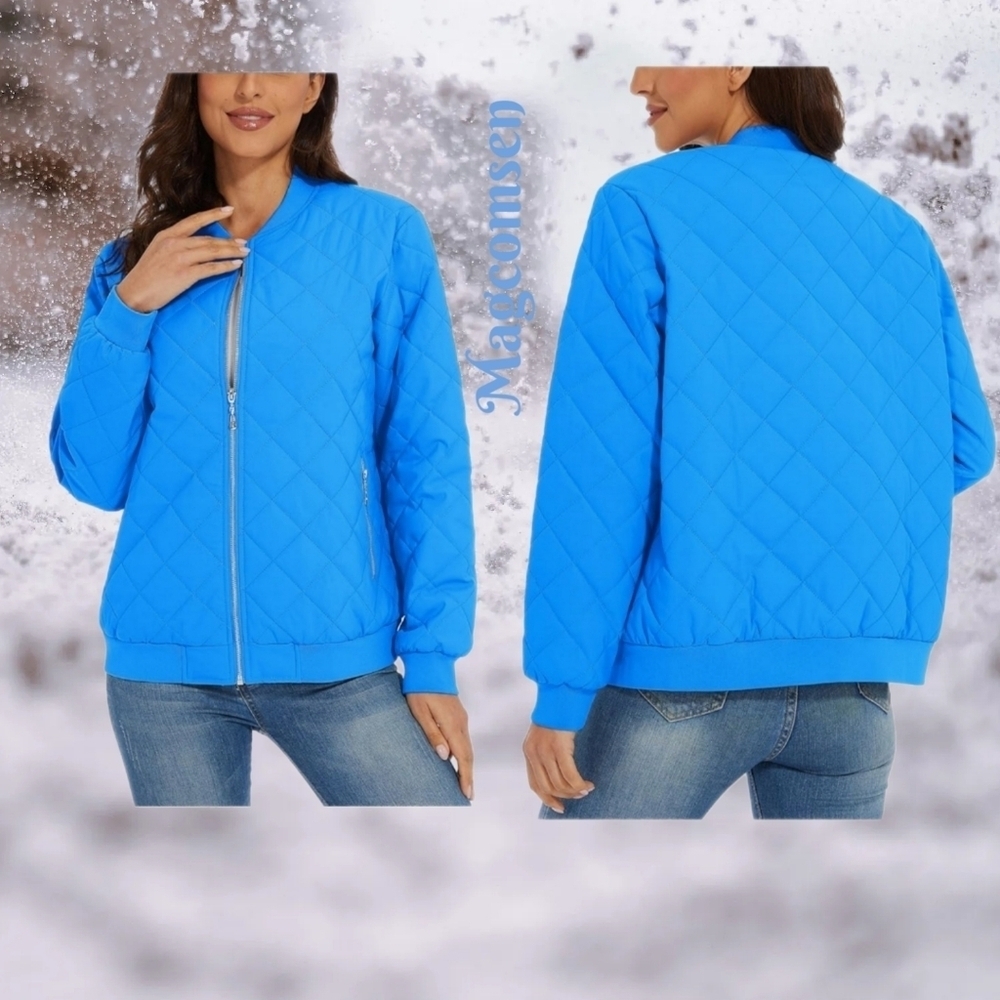 Magcomsen Jacket Womens Sz M Azure Blue Quilted Water Resist Outdoor